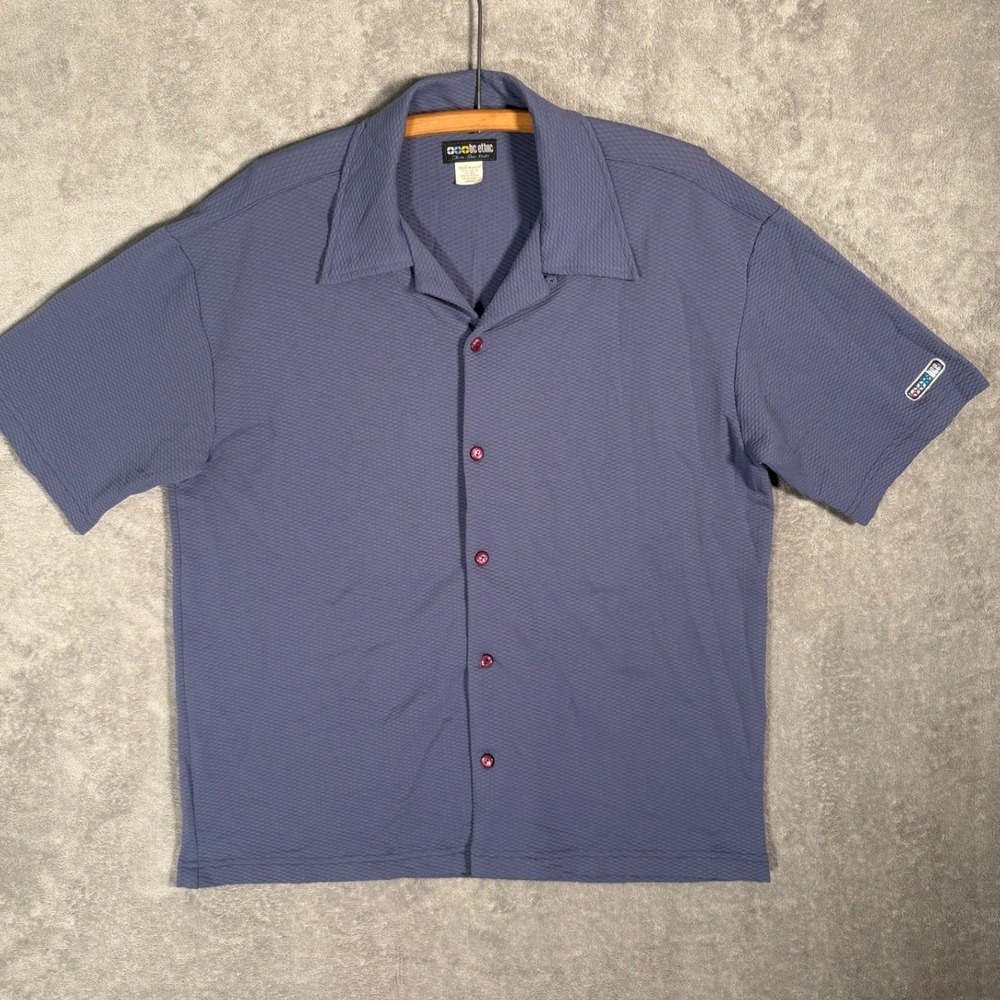 Vintage‎ BC Ethic Mens L Blue Textured Camp Collar Button Up Shirt Loop Collar